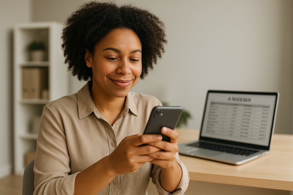 Empreendedora brasileira enviando mensagem de cobrança amigável pelo WhatsApp no escritório, com planilha de contas a receber ao lado