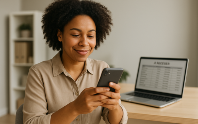 Empreendedora brasileira enviando mensagem de cobrança amigável pelo WhatsApp no escritório, com planilha de contas a receber ao lado