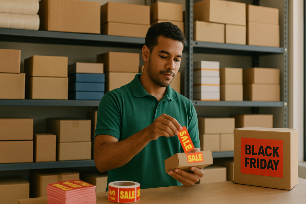 Pequeno vendedor organizando estoque e etiquetando promoções na loja antes da Black Friday 2026, com prateleiras e caixas visíveis.
