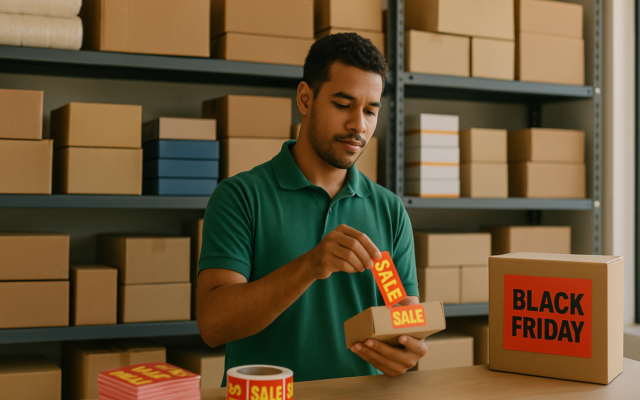 Pequeno vendedor organizando estoque e etiquetando promoções na loja antes da Black Friday 2026, com prateleiras e caixas visíveis.